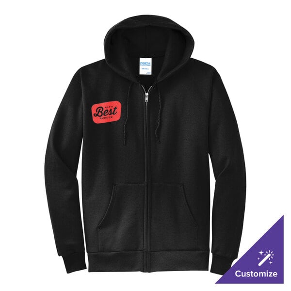 A black full-zip hoodie sweatshirt with a small red logo on the left chest and a customizable option.