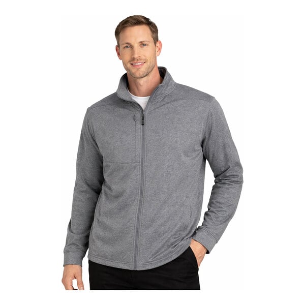 A gray heather full-zip fleece jacket with a high collar and long sleeves.