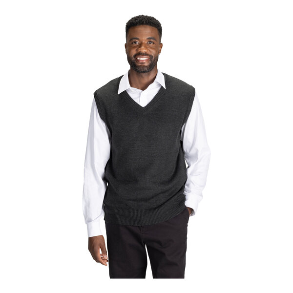 A unisex charcoal jersey knit vest made of acrylic in size XL, worn over a white dress shirt.
