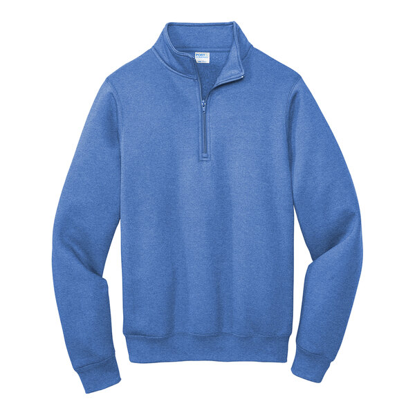 A Port & Company heather royal blue quarter-zip pullover sweatshirt.