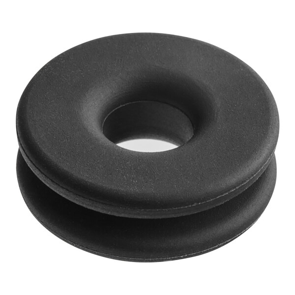 A black rubber circular grommet with a hole in it.