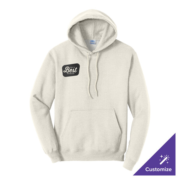 A light oatmeal heather unisex pullover hoodie sweatshirt with a small 'Best Burger' logo on the left chest and a front pouch pocket.