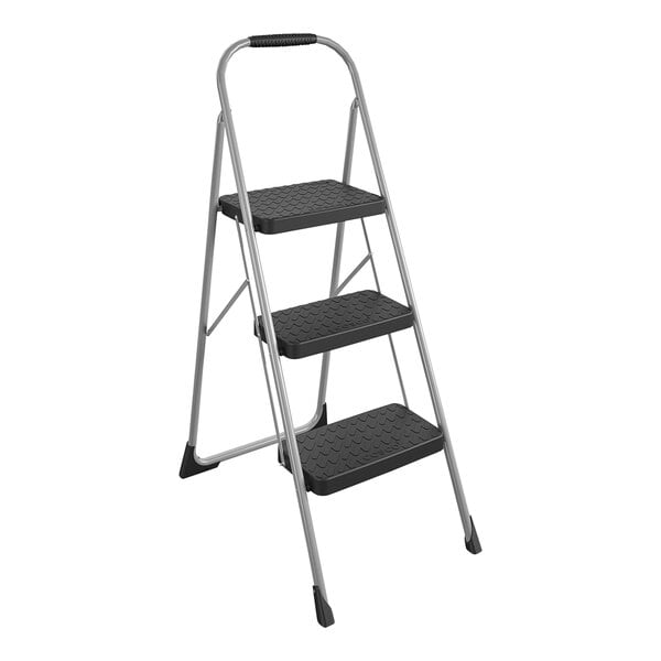 A Cosco step ladder with black and grey steps and a handle.