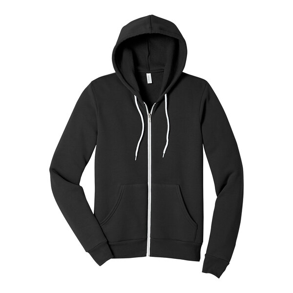 A black Bella + Canvas full-zip hoodie with a white zipper.