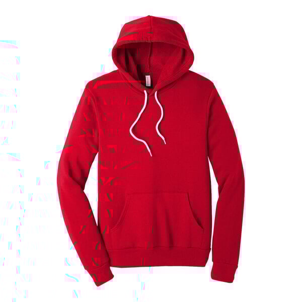 A red Bella + Canvas pullover hoodie with white strings.