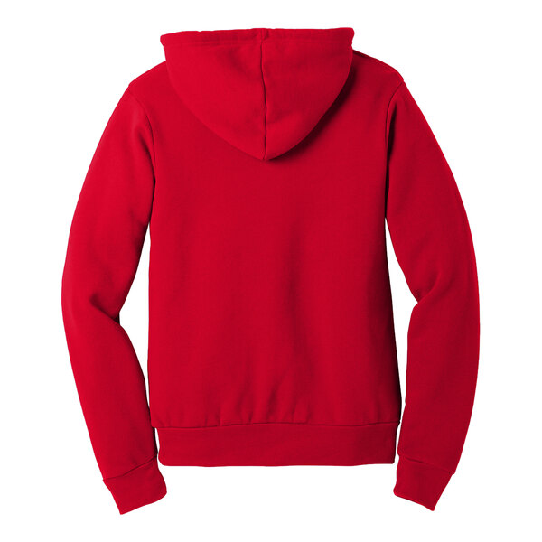 A close up of a red Bella + Canvas pullover hoodie with a hood.