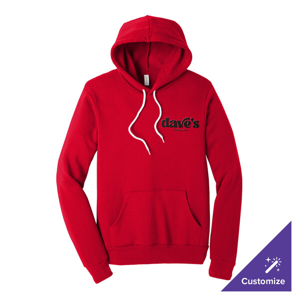 A red unisex pullover hoodie sweatshirt with a front pocket and customizable logo on the chest.