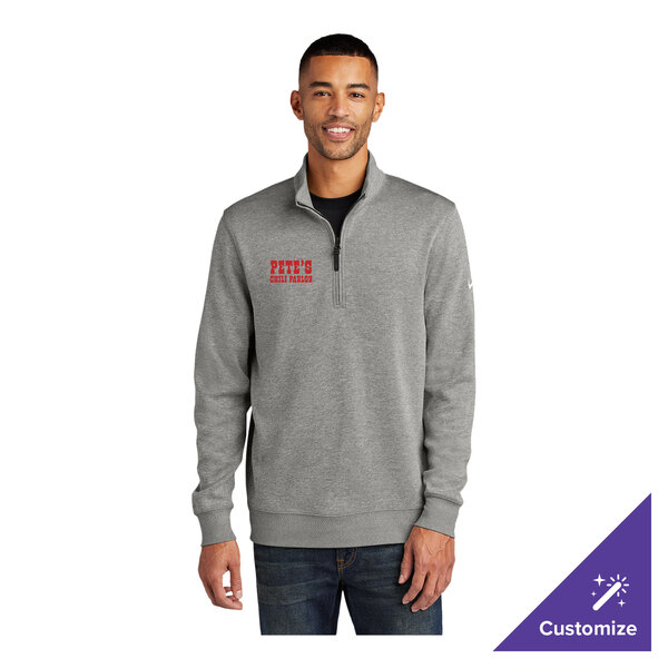 A gray Nike Dri-FIT unisex half-zip sweater in size large, made of polyester, with customizable embroidery on the chest.