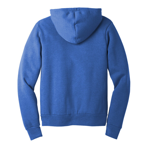 A Bella + Canvas heather blue pullover hoodie with a hood.