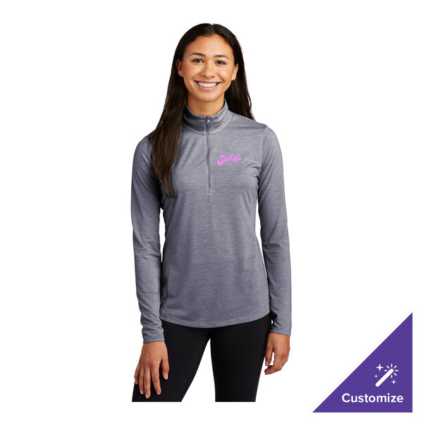 A women's extra large navy heather quarter-zip pullover sweatshirt with customizable text on the chest.