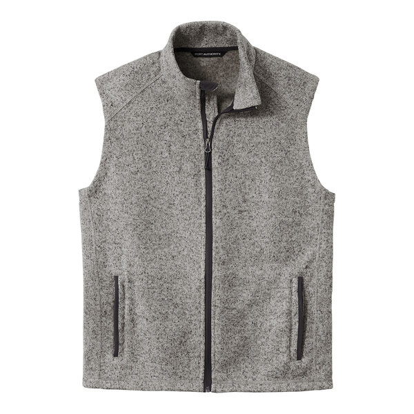 A Port Authority grey fleece sweater vest with black zippers.