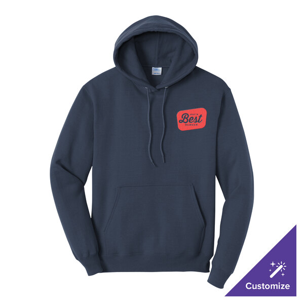 A navy blue unisex pullover hoodie sweatshirt with a front pocket and a small customizable logo on the chest.