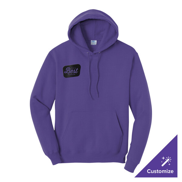 A purple unisex pullover hoodie sweatshirt with a small chest graphic and a front pocket.