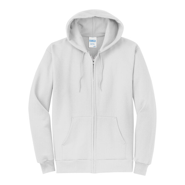 A white Port & Company zip-up hoodie with a white label.