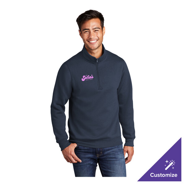 A navy blue unisex quarter-zip pullover sweatshirt with a customizable logo on the chest.