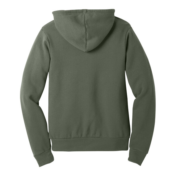 A military green Bella + Canvas pullover hoodie with a hood.