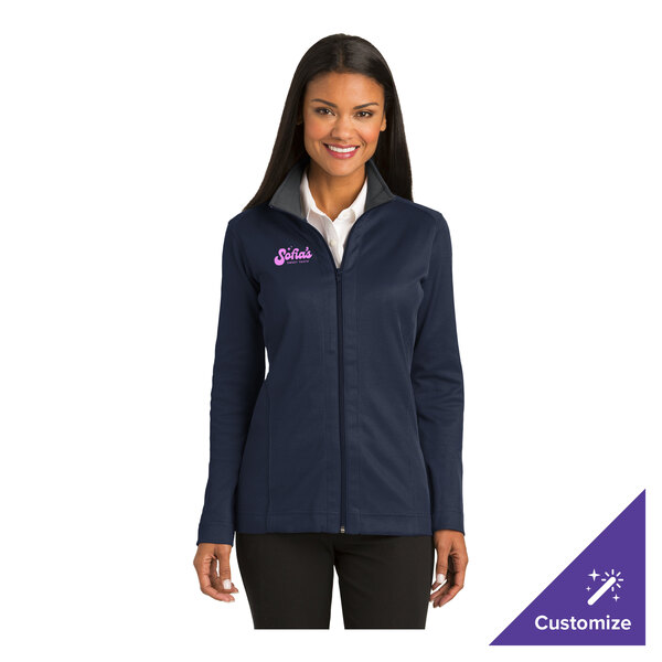 A women's customizable full-zip jacket in true navy and iron gray, made from a poly/cotton blend, shown in extra large size.