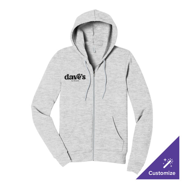 A light gray full-zip hoodie sweatshirt with a hood, front pockets, and customizable text on the chest.