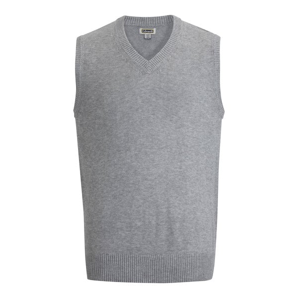 A gray Edwards jersey knit sweater vest with a v-neck.