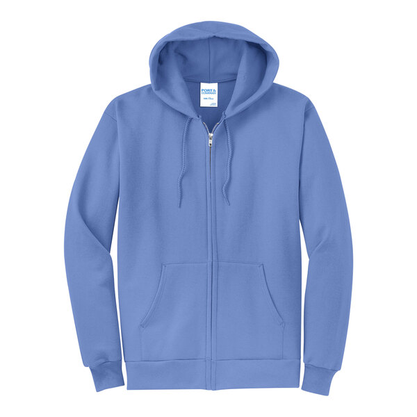 A Carolina blue Port & Company zip up hoodie.