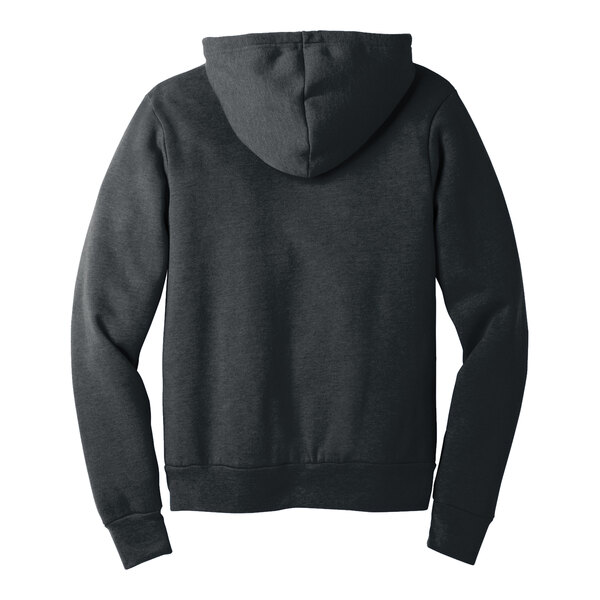 A dark gray heather Bella Canvas sponge fleece pullover hoodie with a hood on a person's head.