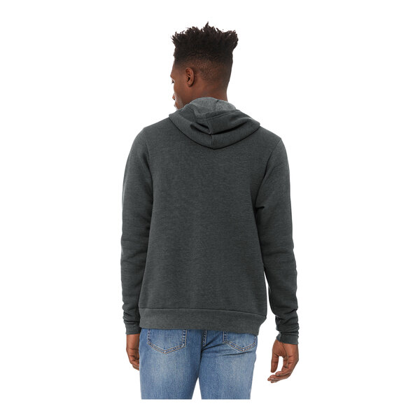 A man wearing a dark gray Bella + Canvas hoodie.