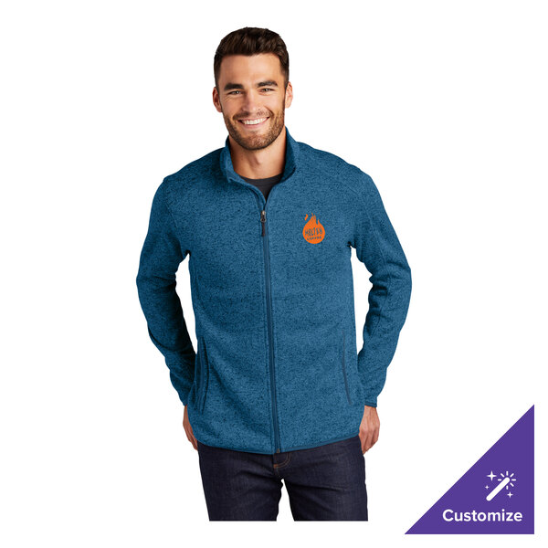 A medium blue heather unisex fleece sweater jacket with a customizable logo on the chest.