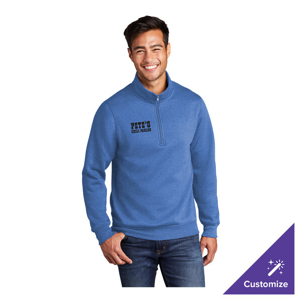 A medium-sized unisex heather royal blue quarter-zip pullover sweatshirt made from a cotton and polyester blend, featuring customizable text on the chest.