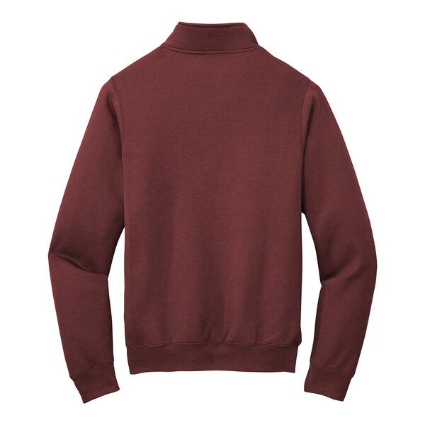A maroon Port & Company quarter-zip pullover sweatshirt.