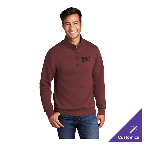 A maroon unisex quarter-zip pullover sweatshirt made from a cotton and polyester blend, featuring customizable text on the chest.