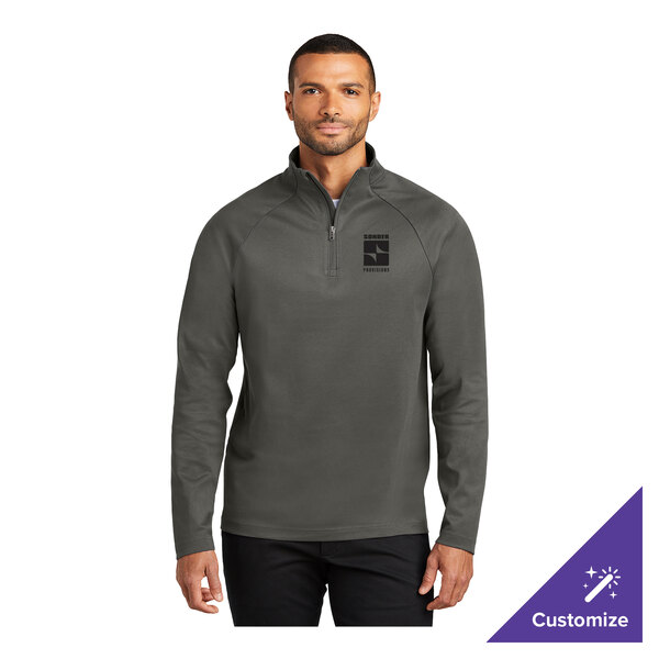 A unisex gray steel quarter-zip sweatshirt made from a poly/cotton blend, featuring a customizable logo on the chest.