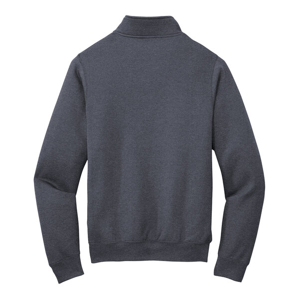 A dark grey Port & Company fleece quarter-zip sweatshirt with a zipper.