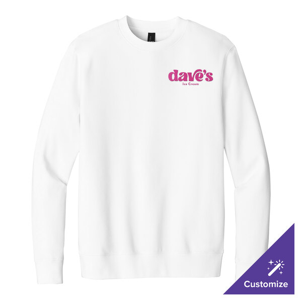 A white unisex crewneck sweatshirt with "dave's Ice Cream" printed in pink on the upper left chest.