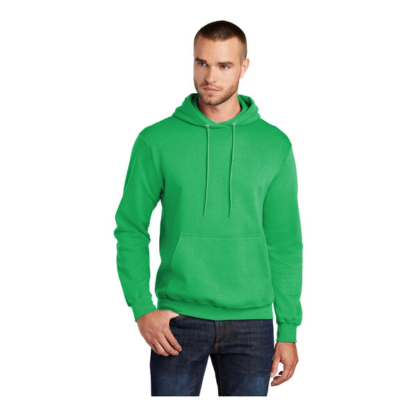 A Port & Company clover green fleece pullover hoodie.