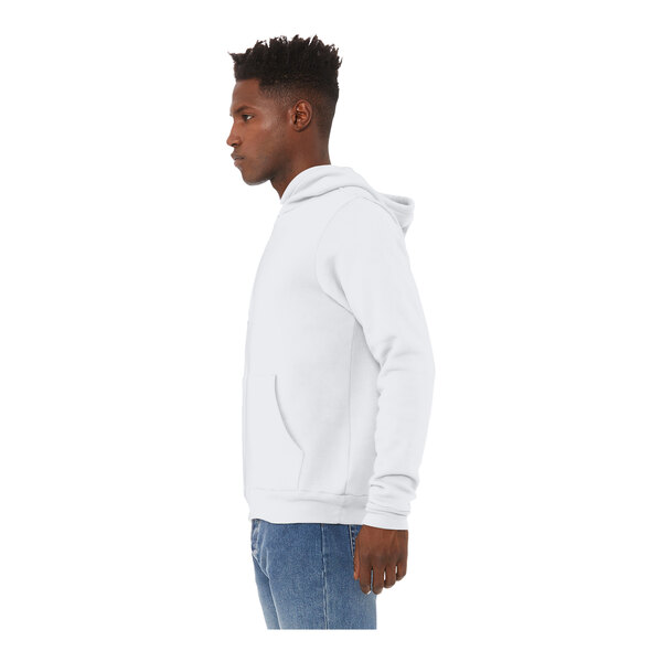 A man wearing a white Bella + Canvas sponge fleece pullover hoodie.