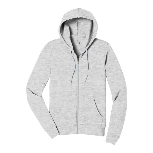 A grey zip up Bella + Canvas hoodie.
