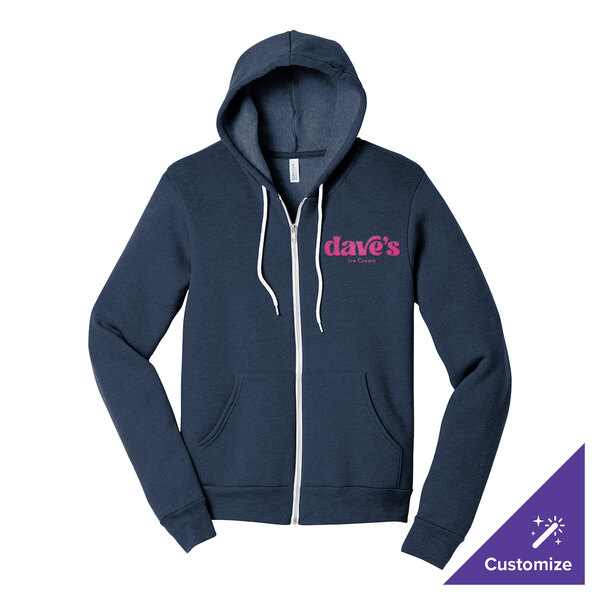 A navy blue full-zip hoodie sweatshirt with a hood, front pockets, and customizable text on the chest.