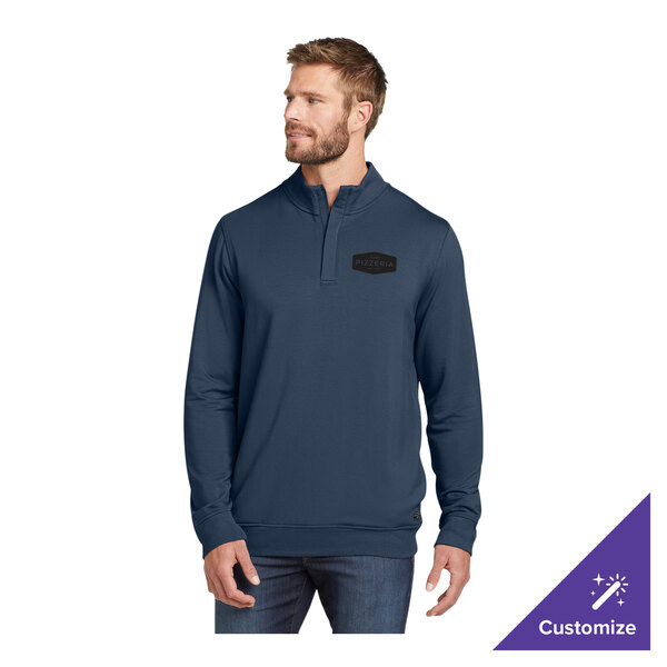 A blue unisex quarter-zip fleece pullover sweatshirt with a customizable logo on the chest.