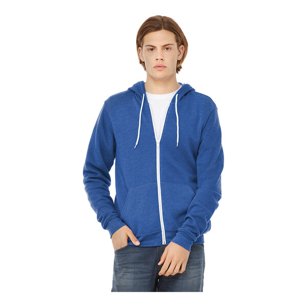 A man wearing a Bella + Canvas blue sponge fleece full-zip hoodie.