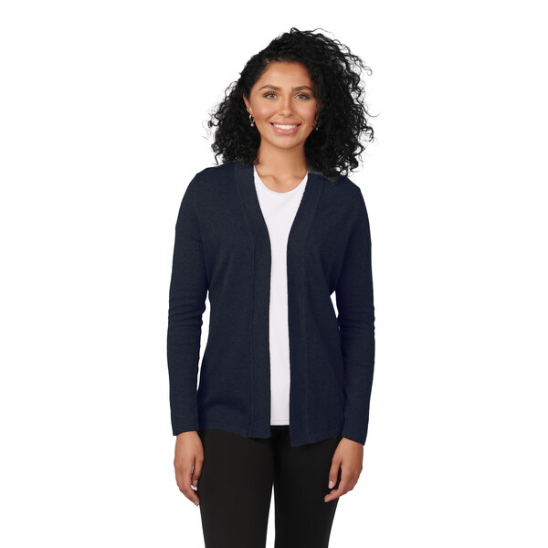 A women's navy shirttail cardigan made from a cotton, acrylic, and nylon blend.