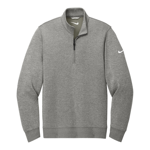 A gray Nike Dri-FIT half-zip sweater with a white Nike swoosh on it.