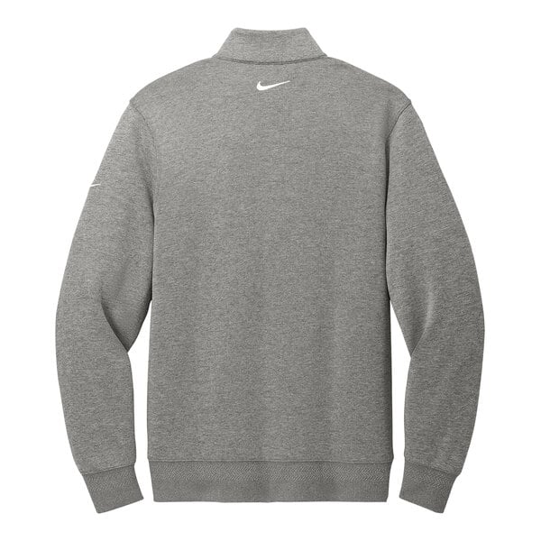 A grey Nike Dri-FIT half-zip sweater with a white swoosh on the back.