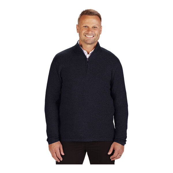 A unisex navy quarter-zip sweater made from a cotton blend, shown in size XS.