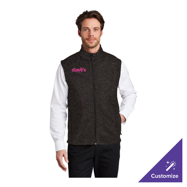 A black heather fleece sweater vest with a front zipper, shown in medium size and customizable with text on the chest.