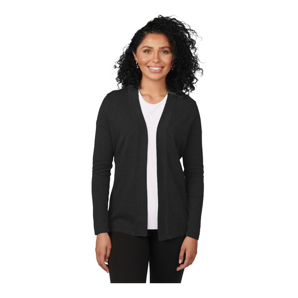 A women's black shirttail cardigan in a cotton, acrylic, and nylon blend.