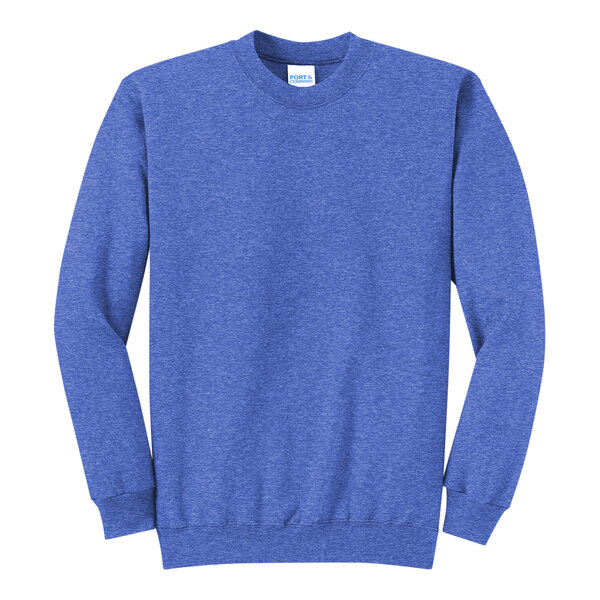 A heather royal blue Port & Company Core Fleece sweatshirt.