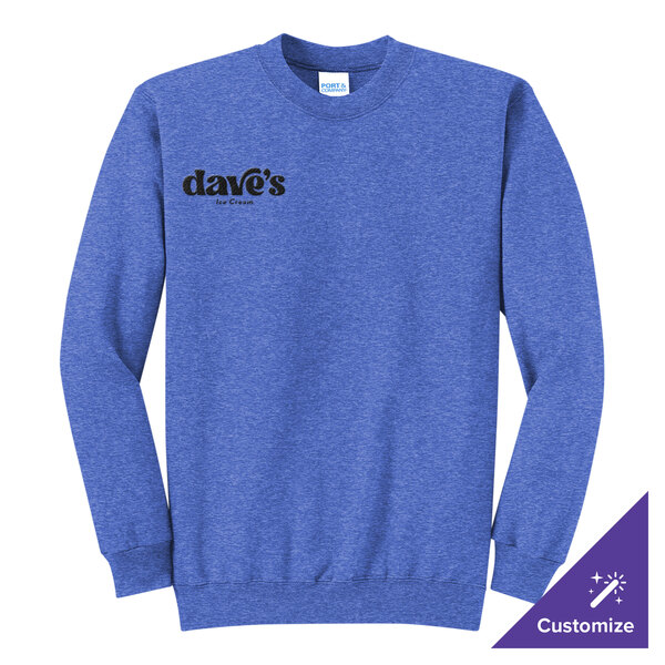 A heather royal blue unisex crewneck sweatshirt with 'dave's ice cream' printed on the left chest and a customizable option.