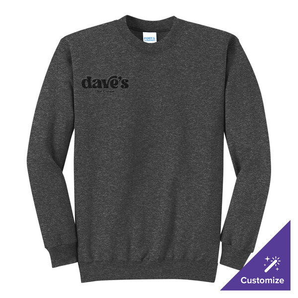 A dark heather gray unisex crewneck sweatshirt with a small logo on the left chest and a customizable option.