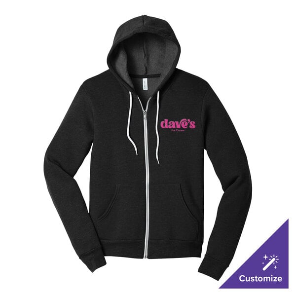 A black heather full-zip hoodie sweatshirt with a customizable logo on the chest and white drawstrings.