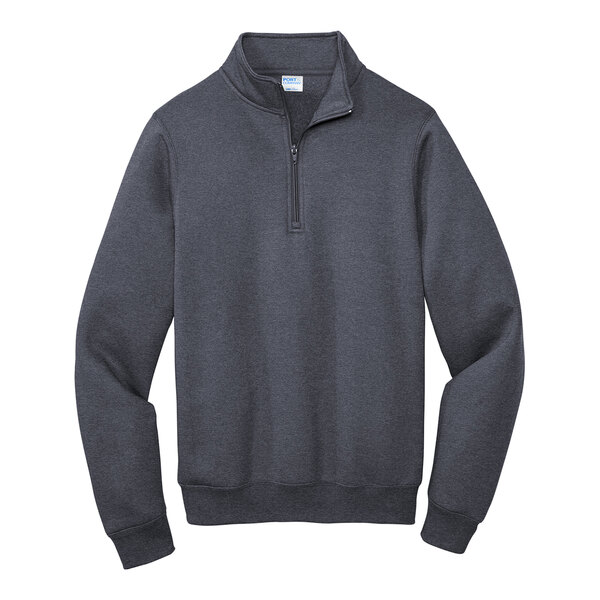 A Port & Company heather navy quarter-zip pullover sweatshirt.
